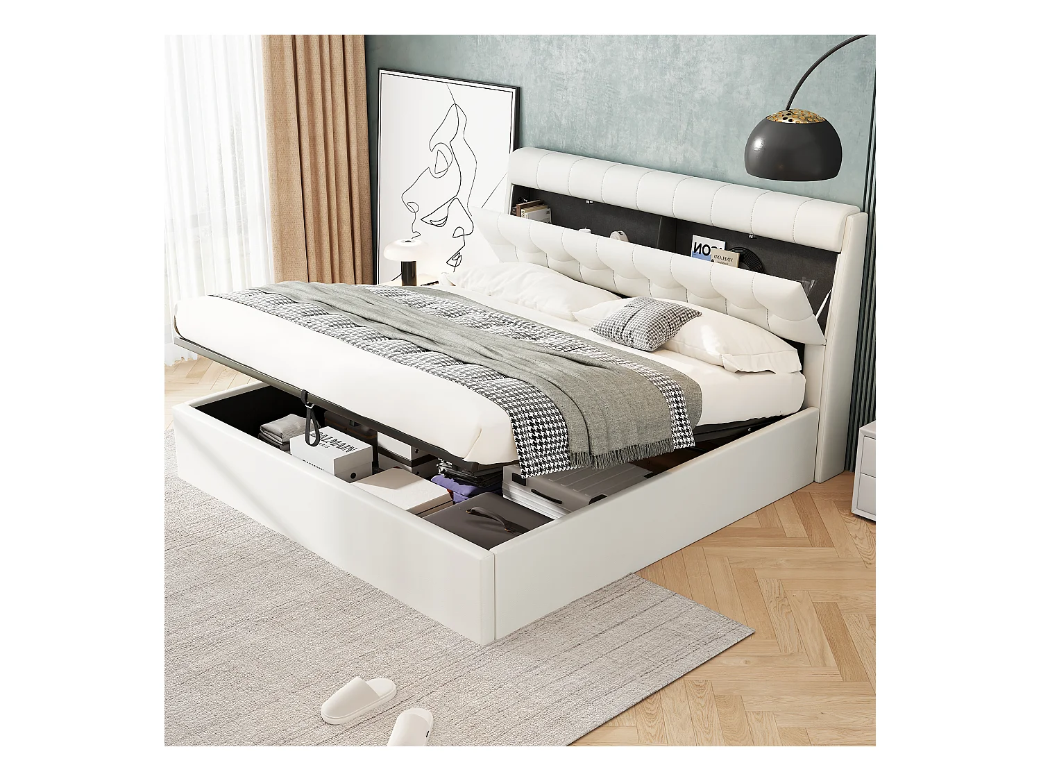 Letto contenitore doppio 140x200 cm in PU bianco - testiera con mensola (senza materasso)