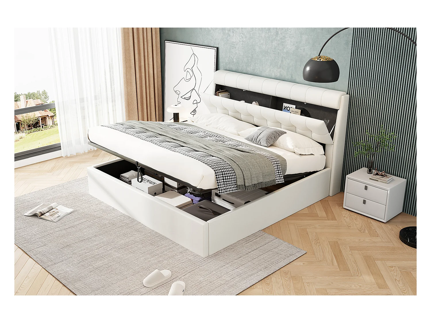 Letto contenitore doppio 140x200 cm in PU bianco - testiera con mensola (senza materasso)