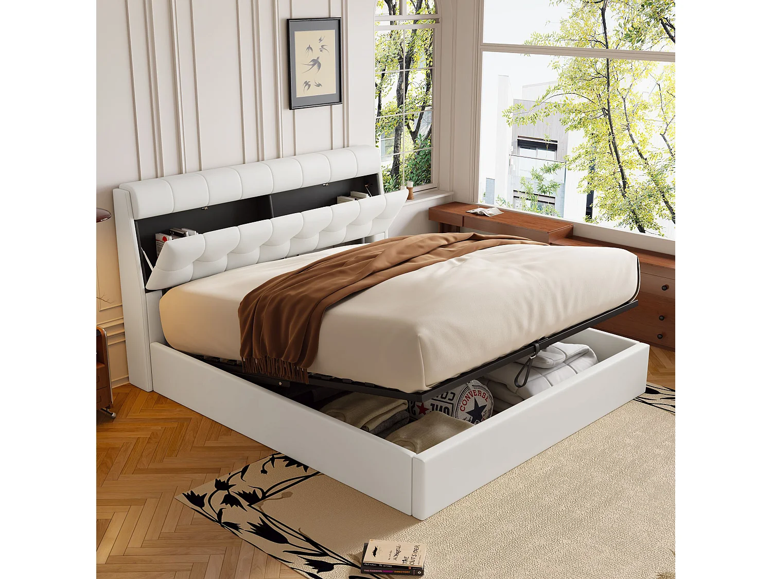 Cama baú dupla 140x200 cm em PU branco - cabeceira com prateleira (sem colchão)