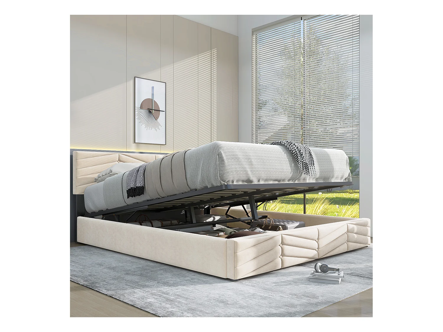 Lit coffre adulte 140x200 cm en velours beige - Lit avec tête de lit réglable, sommier à lattes(sans matelas)