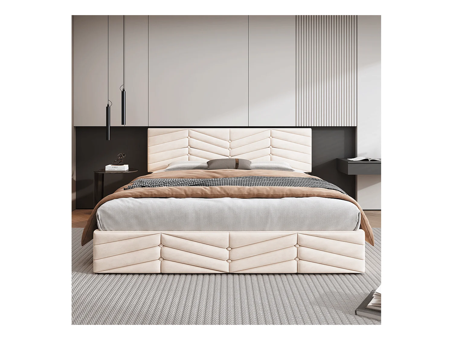 Lit coffre adulte 140x200 cm en velours beige - Lit avec tête de lit réglable, sommier à lattes(sans matelas)