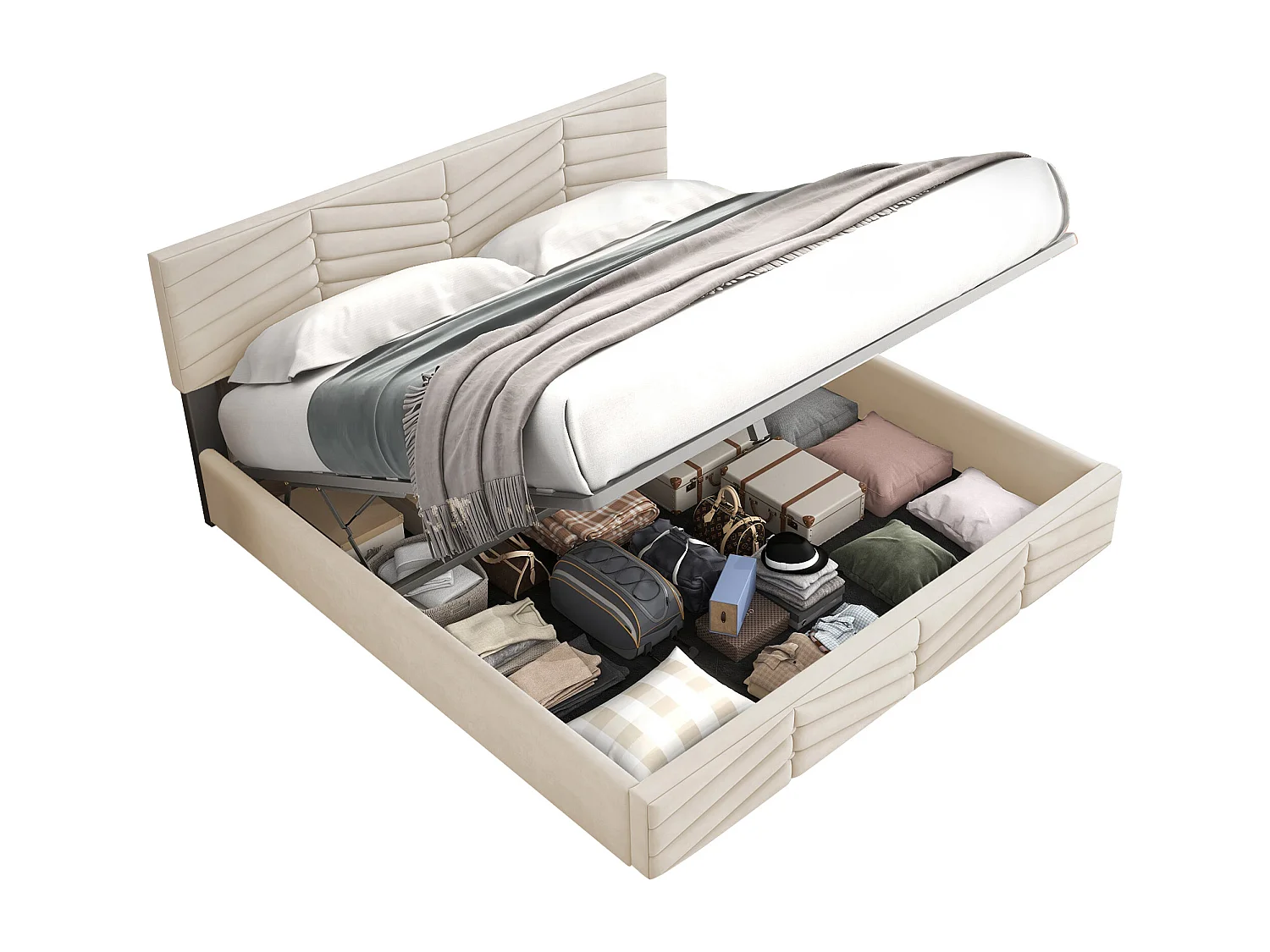 Cama de casal com baú 140x200 cm em veludo bege – Cabeceira ajustável e estrado de ripas (colchão não incluído)