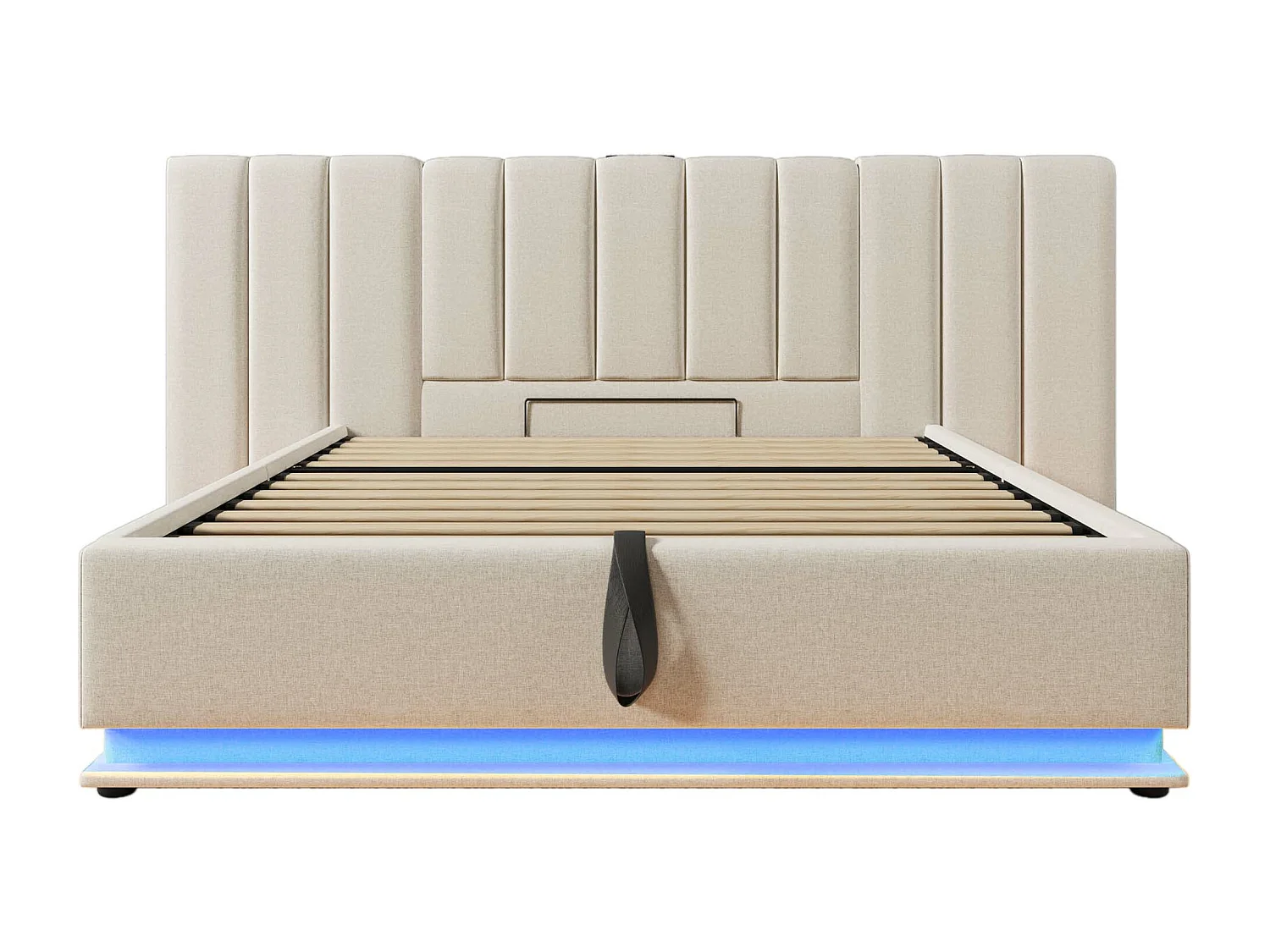 Lit coffre adulte 160x200 cm en lin beige - avec LED et USB-C, sommier à lattes, sans matelas ni table de nuit