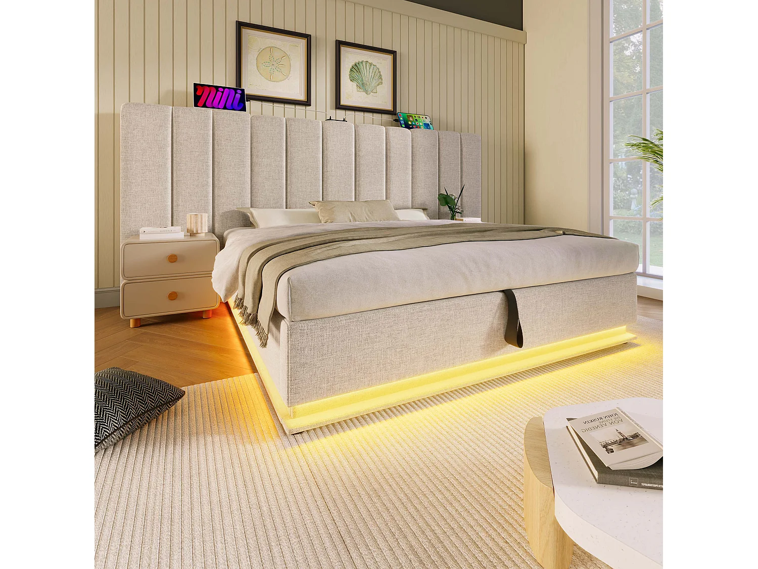 Lit coffre adulte 160x200 cm en lin beige - avec LED et USB-C, sommier à lattes, sans matelas ni table de nuit