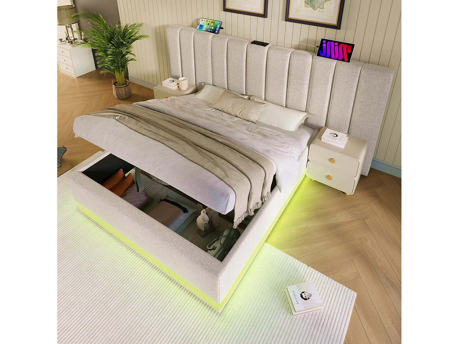 Tweepersoons opbergbed 160x200 cm in beige linnen – met LED en USB-C, lattenbodem inbegrepen (zonder matras en nachtkastje)