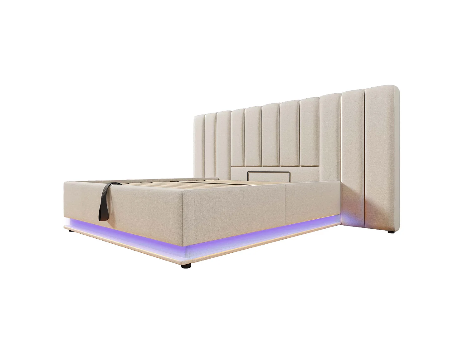 Tweepersoons opbergbed 160x200 cm in beige linnen – met LED en USB-C, lattenbodem inbegrepen (zonder matras en nachtkastje)