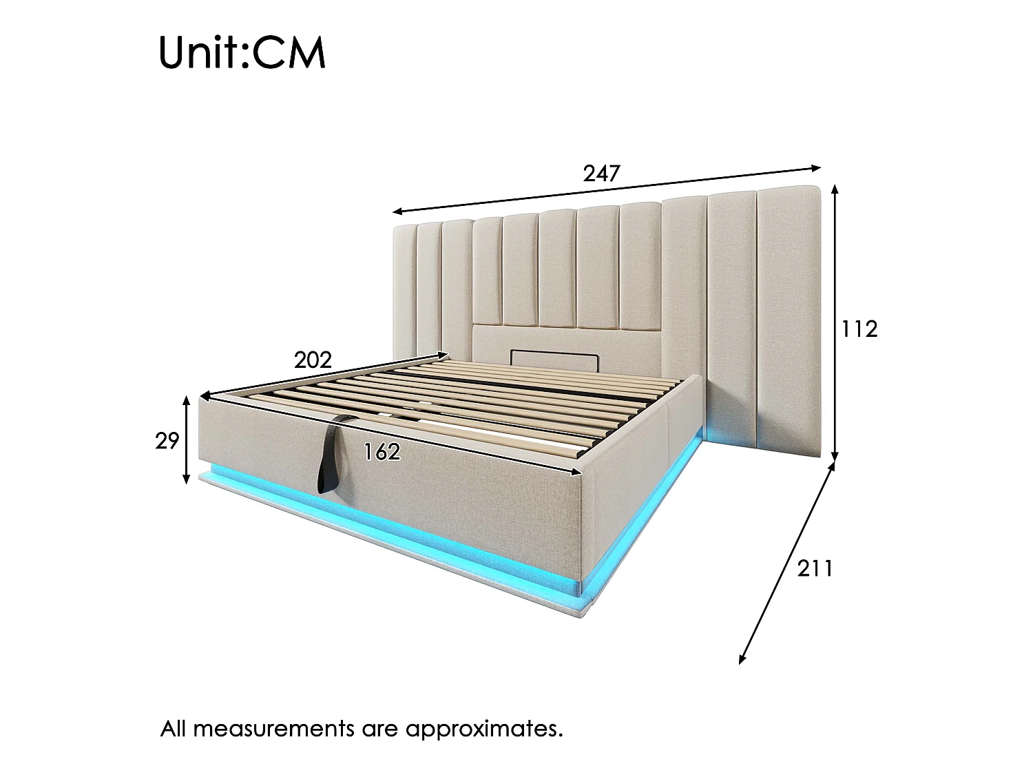Tweepersoons opbergbed 160x200 cm in beige linnen – met LED en USB-C, lattenbodem inbegrepen (zonder matras en nachtkastje)