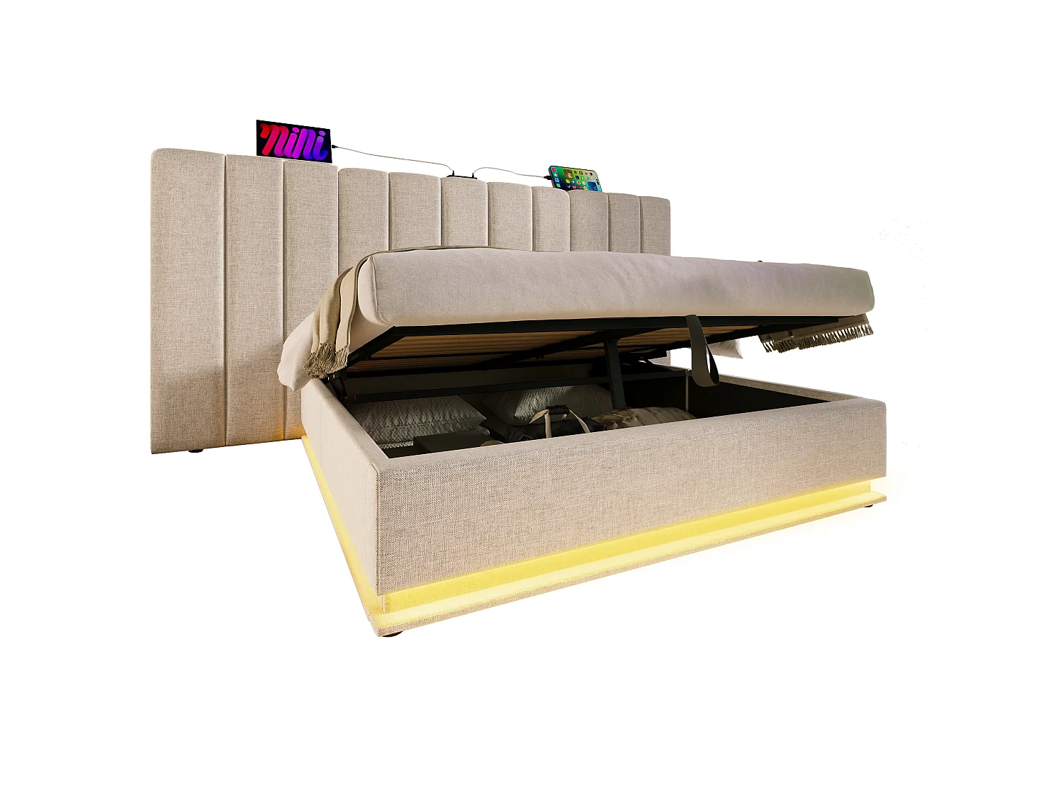 Tweepersoons opbergbed 160x200 cm in beige linnen – met LED en USB-C, lattenbodem inbegrepen (zonder matras en nachtkastje)