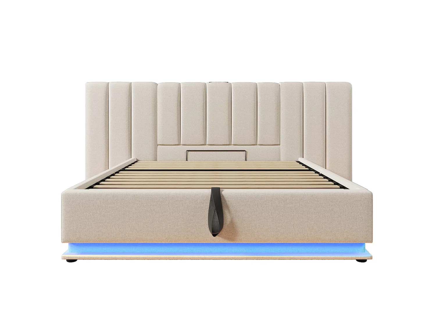 Tweepersoons opbergbed 160x200 cm in beige linnen – met LED en USB-C, lattenbodem inbegrepen (zonder matras en nachtkastje)