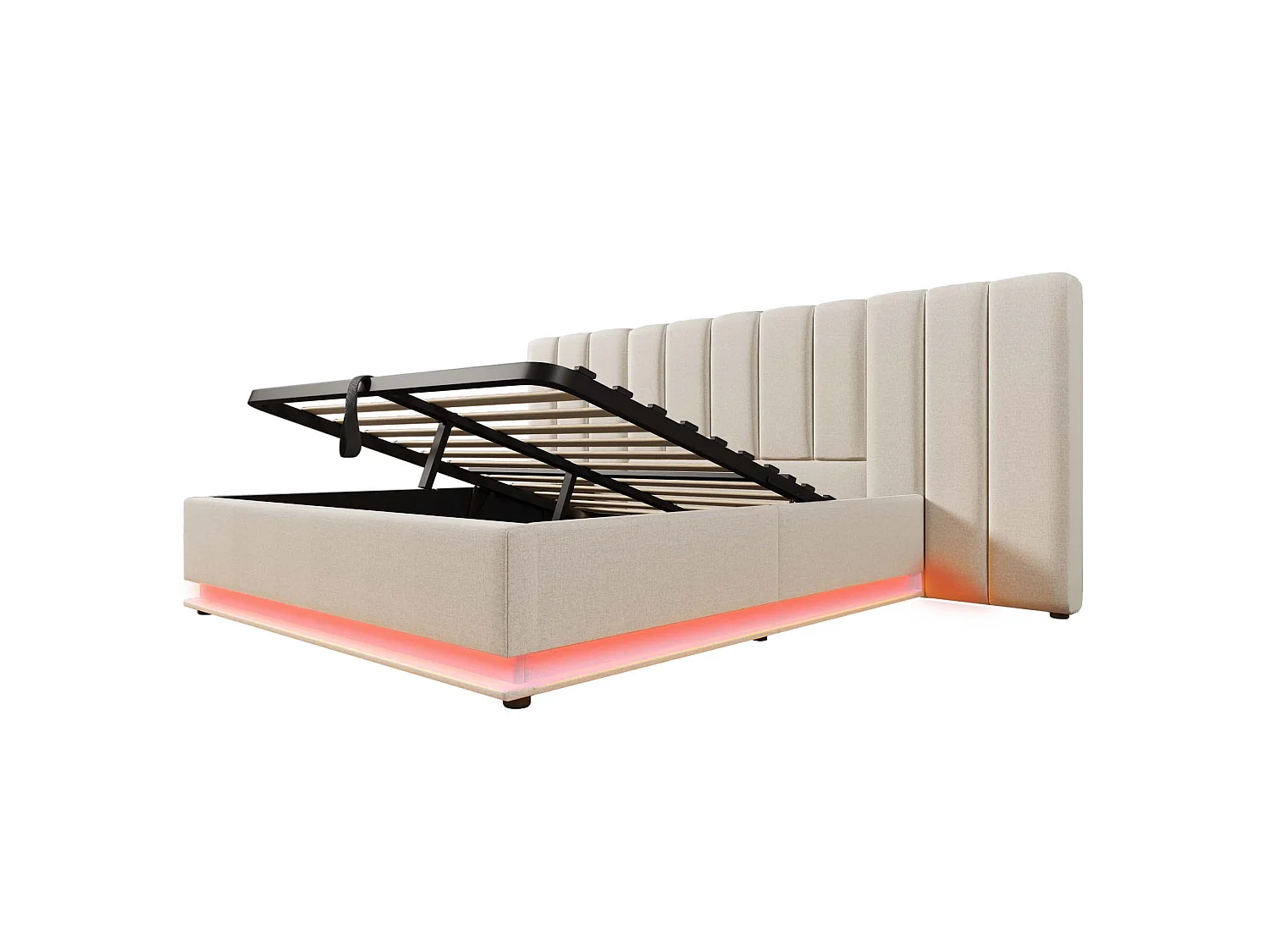 Tweepersoons opbergbed 160x200 cm in beige linnen – met LED en USB-C, lattenbodem inbegrepen (zonder matras en nachtkastje)
