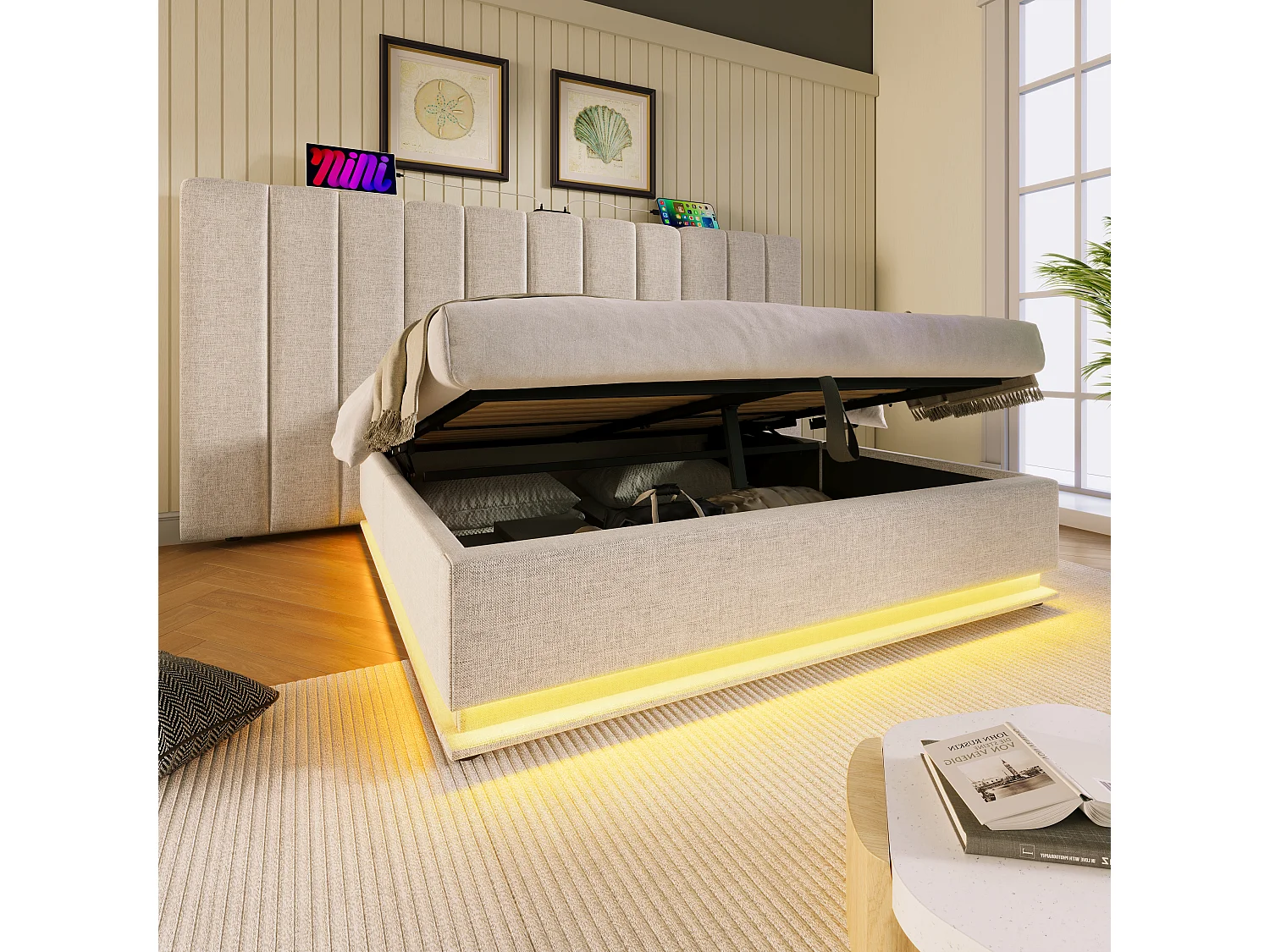 Tweepersoons opbergbed 160x200 cm in beige linnen – met LED en USB-C, lattenbodem inbegrepen (zonder matras en nachtkastje)