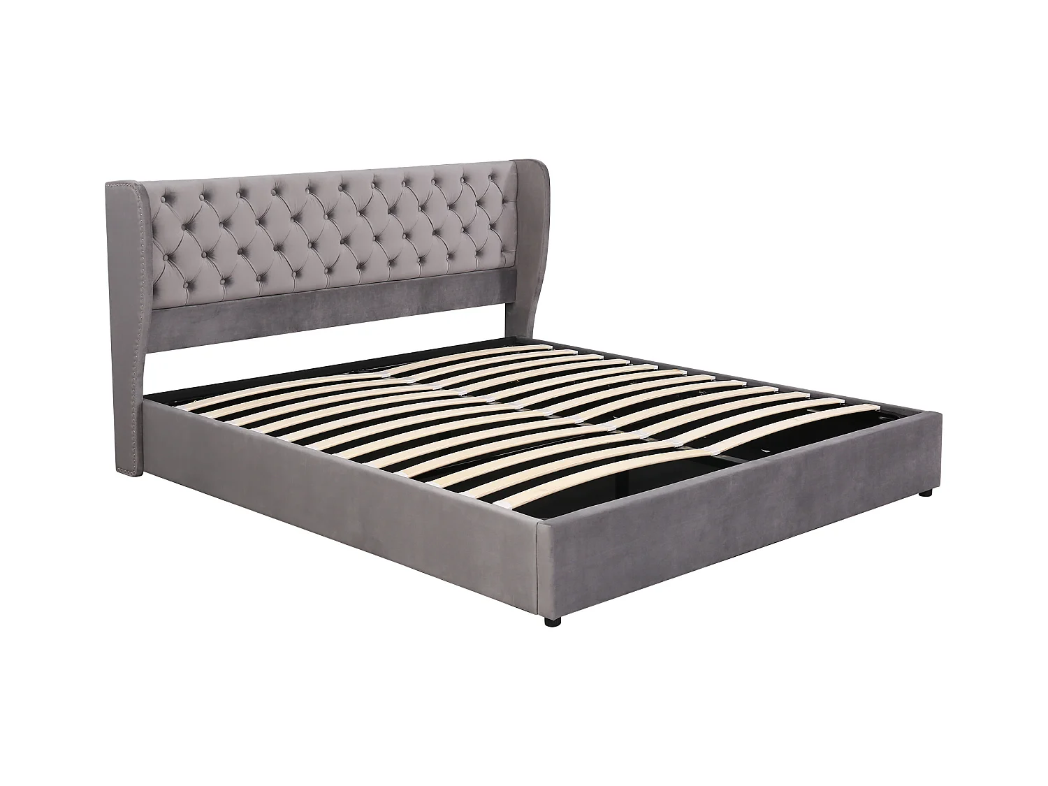 Lit coffre adulte 160x200 cm - Lit en forme d'oreilles en velours gris avec grandes coutures(sans matelas)