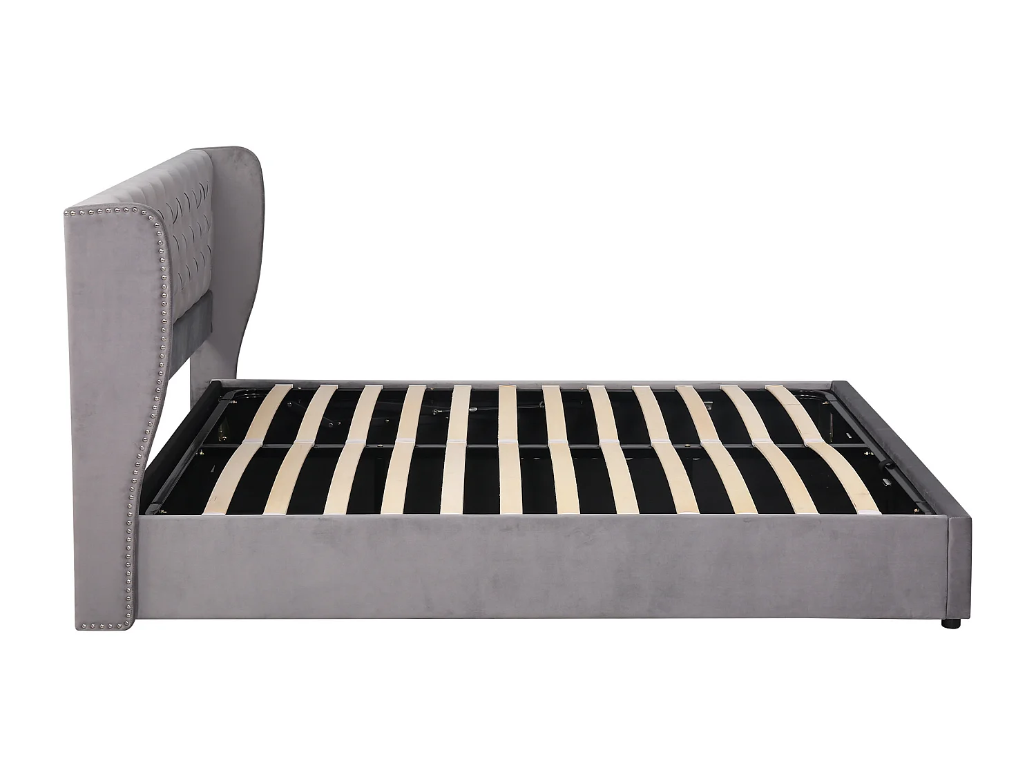 Cama baú de casal 160x200 cm – Cabeceira em forma de orelhas em veludo cinza com costuras grandes (colchão não incluído)
