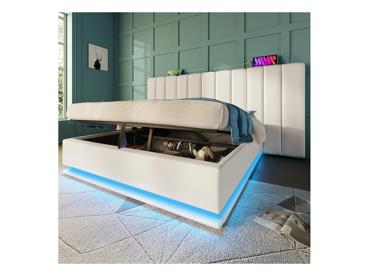 Tweepersoonsbed met opbergruimte 180x200 cm in wit PU – met LED-verlichting, USB-C-poort en lattenbodem (zonder matras en nachtkastje)