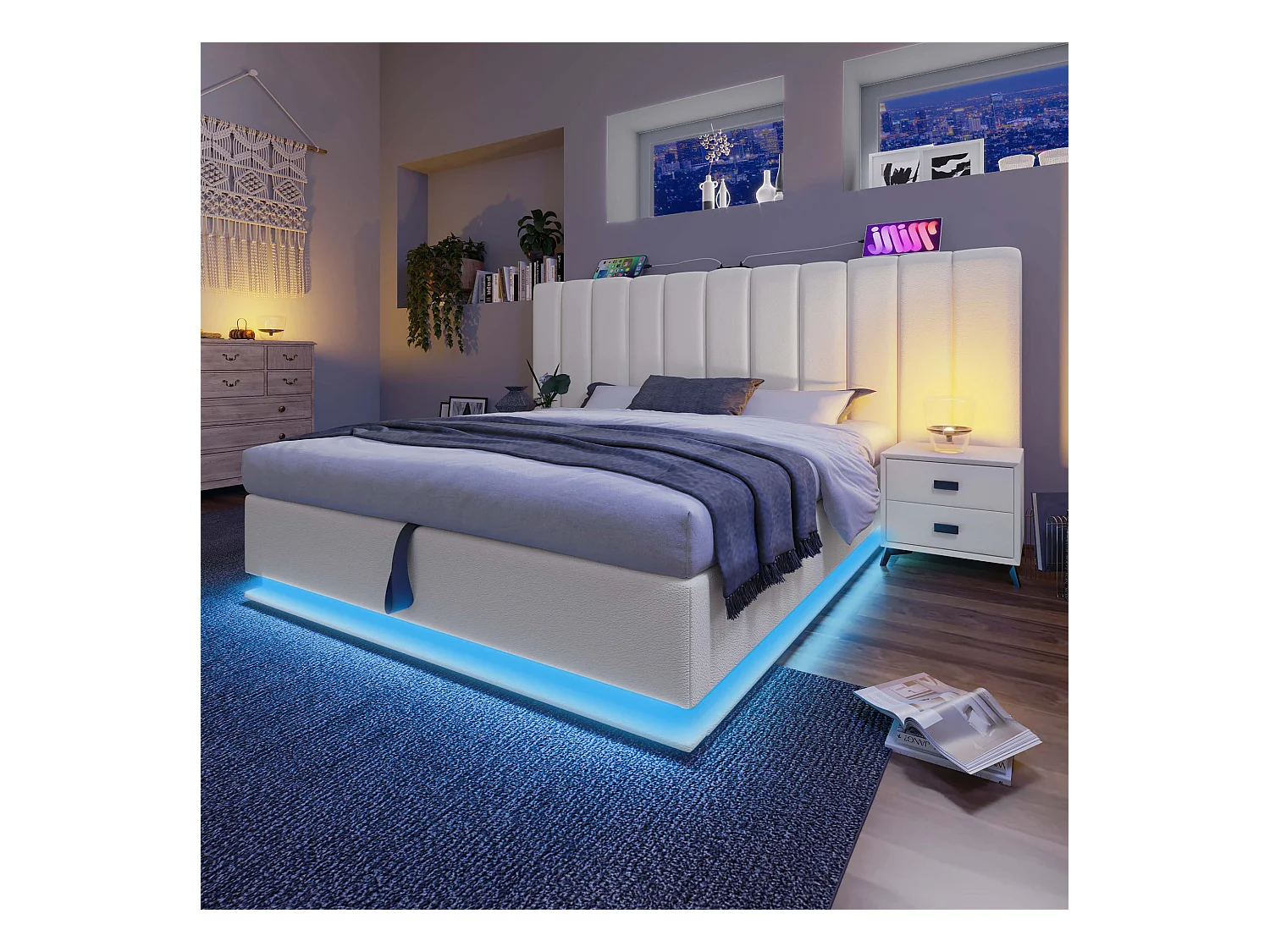 Lit coffre adulte 180x200 cm en PU blanc - avec LED et USB-C, sommier à lattes (sans matelas sans table de nuit)