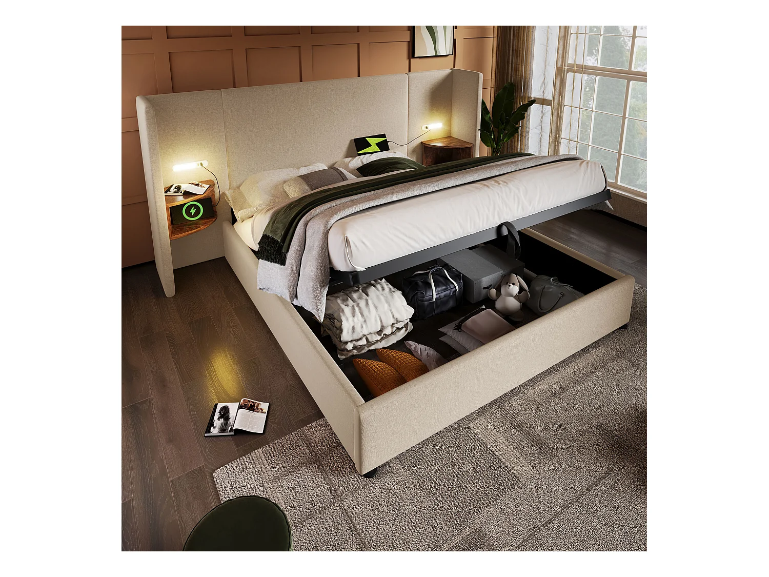 Lit coffre adulte 160x200 cm avec 2 compartiments de rangement, lampe de lecture et USB, lin Beige, sans matelas