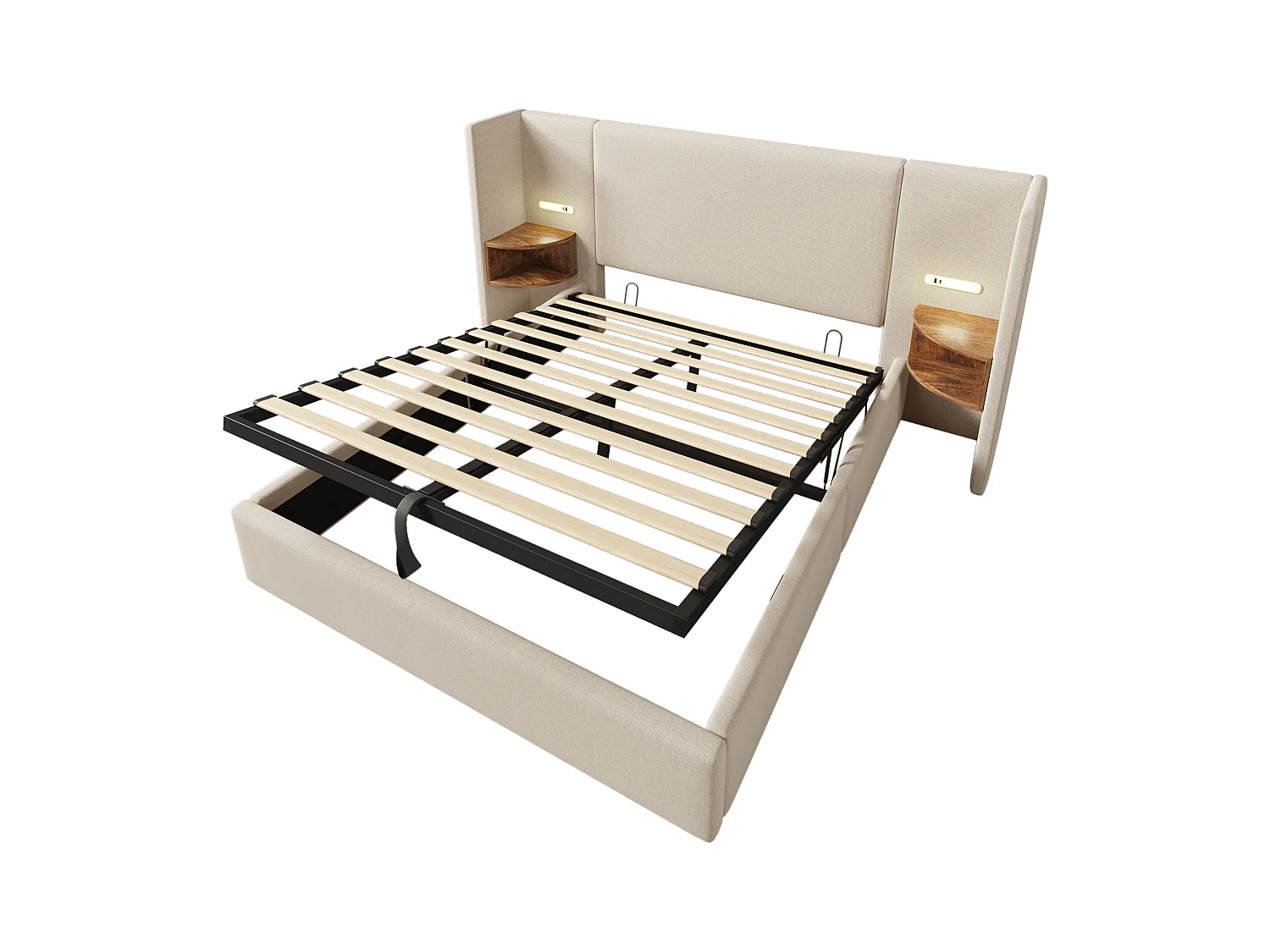 Lit coffre adulte 160x200 cm avec 2 compartiments de rangement, lampe de lecture et USB, lin Beige, sans matelas