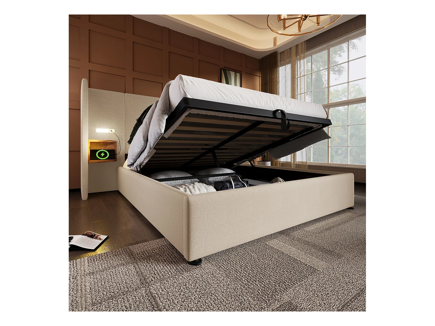 Lit coffre adulte 160x200 cm avec 2 compartiments de rangement, lampe de lecture et USB, lin Beige, sans matelas