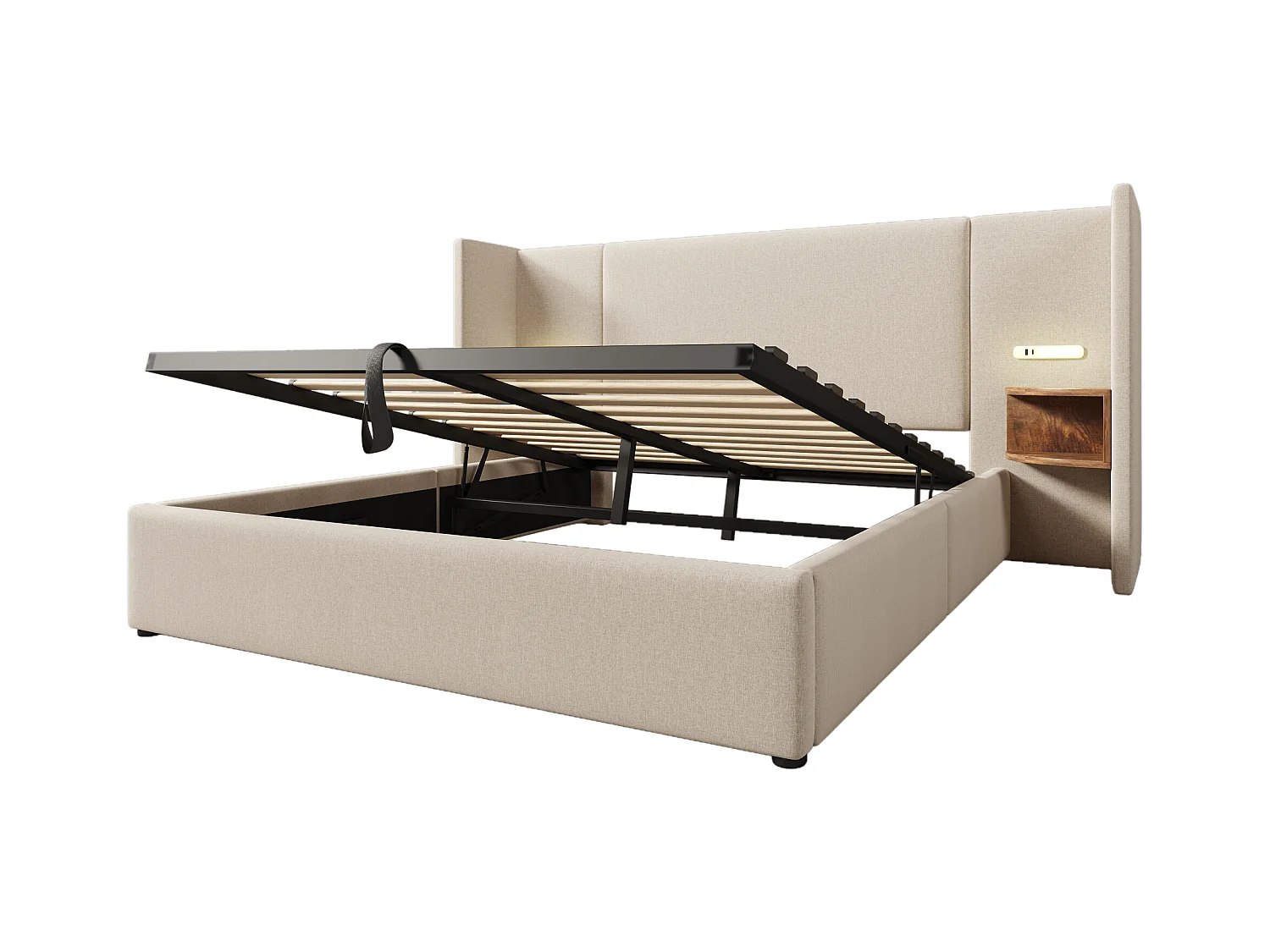 Lit coffre adulte 160x200 cm avec 2 compartiments de rangement, lampe de lecture et USB, lin Beige, sans matelas