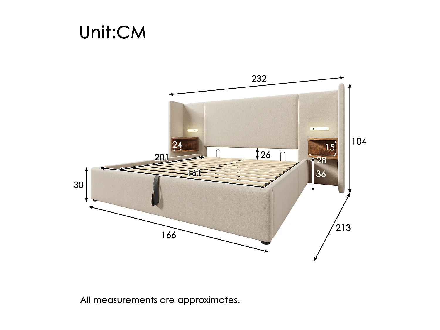 Cama baú casal 160x200 cm com compartimentos de arrumação, luz de leitura e USB - linho bege (sem colchão)