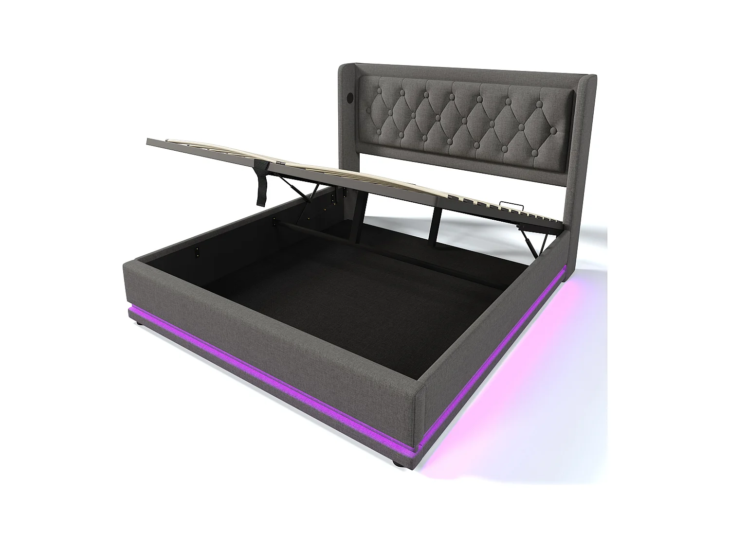 Opbergbed 160x200 cm tweepersoons - LED aan 3 zijden en USB-C - Grijs katoen (zonder matras)