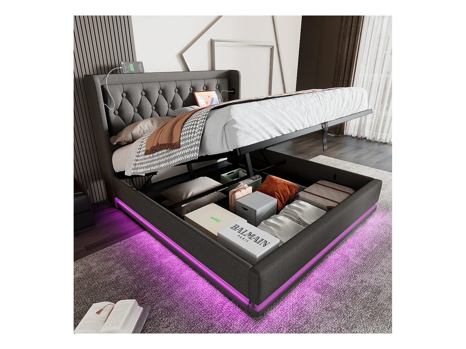 Opbergbed 160x200 cm tweepersoons - LED aan 3 zijden en USB-C - Grijs katoen (zonder matras)