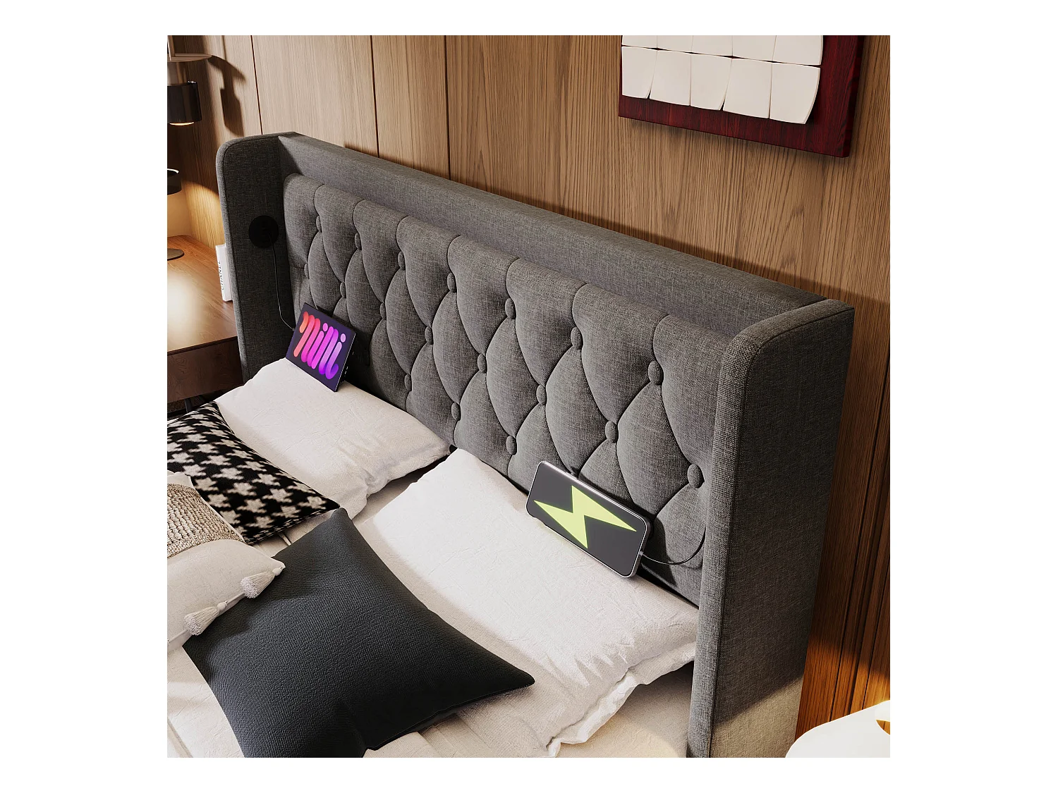 Lit coffre adulte 160x200 cm - LED sur 3 côtés et USB-C - Coton gris (sans matelas)