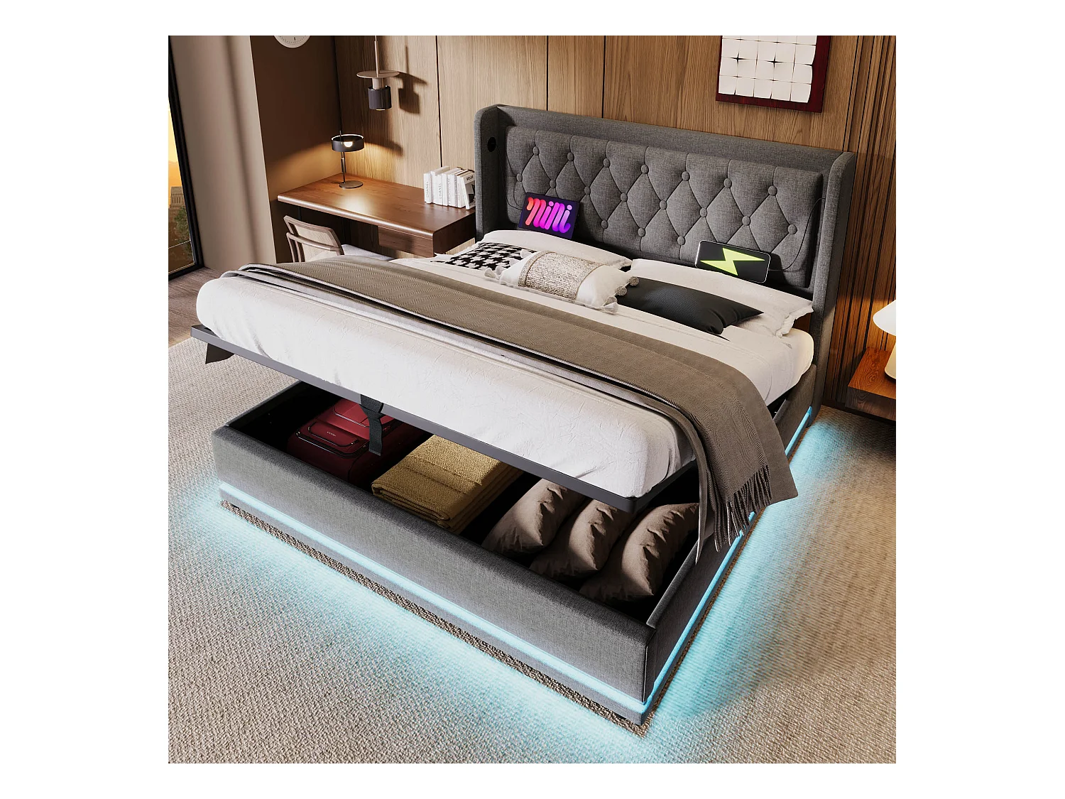 Lit coffre adulte 160x200 cm - LED sur 3 côtés et USB-C - Coton gris (sans matelas)