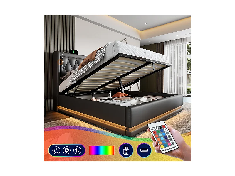 Lit coffre adulte 180x200 cm en PU noir - avec tête de lit rembourrée, USB-C et LED 3 côtés (sans matelas)