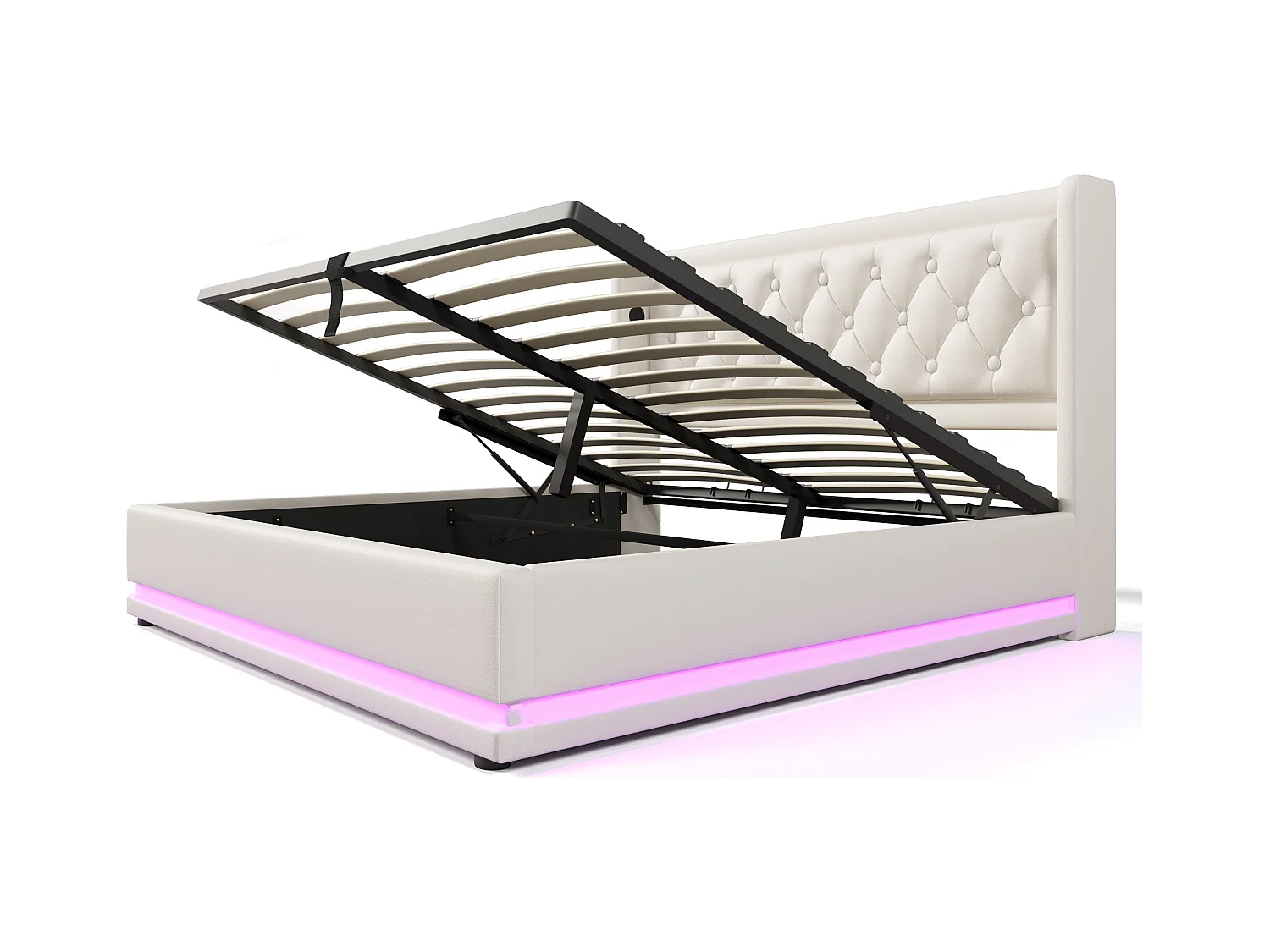 Letto contenitore matrimoniale 140x200 cm, con porta USB Type-C, funzione LED su 3 lati, PU bianco (senza materasso)