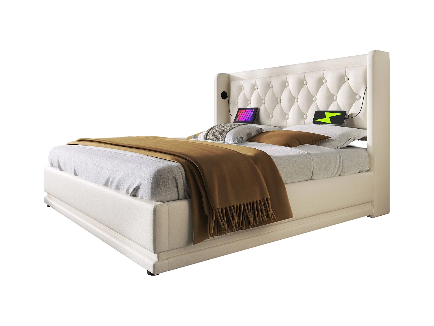 Letto contenitore matrimoniale 140x200 cm, con porta USB Type-C, funzione LED su 3 lati, PU bianco (senza materasso)