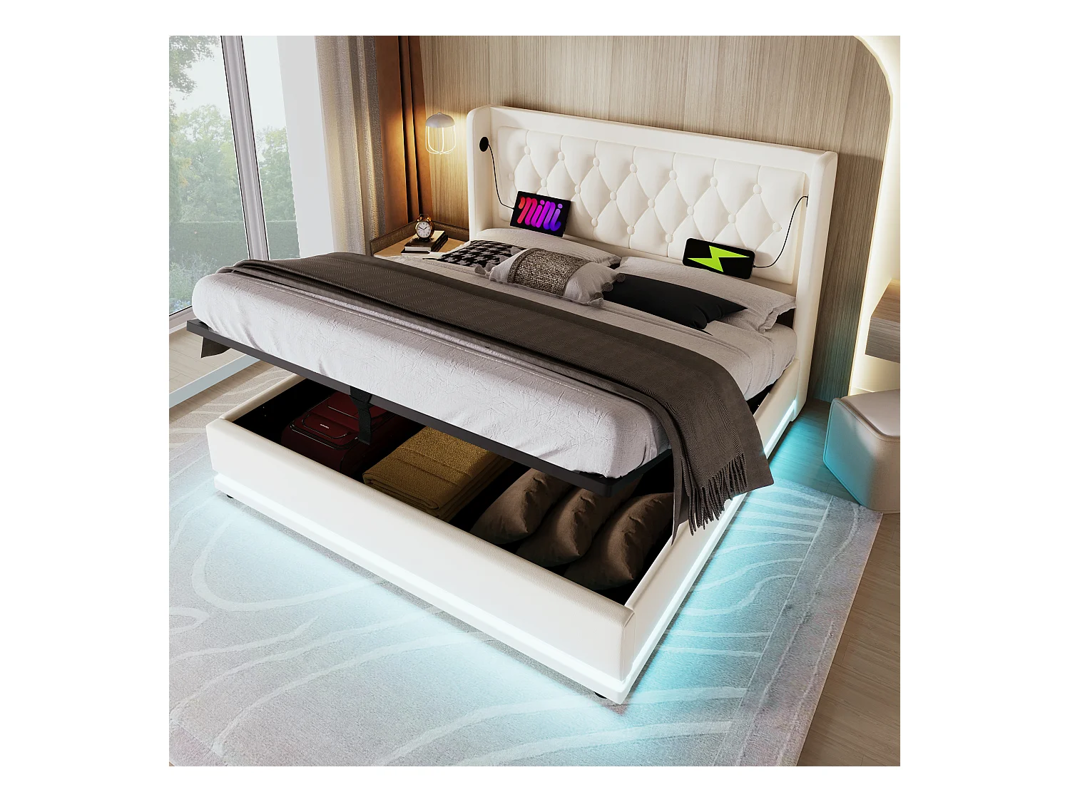Lit coffre adulte 140x200 cm,avec port USB Type-C, fonction LED sur 3 côtés,PU blanc, sans matelas