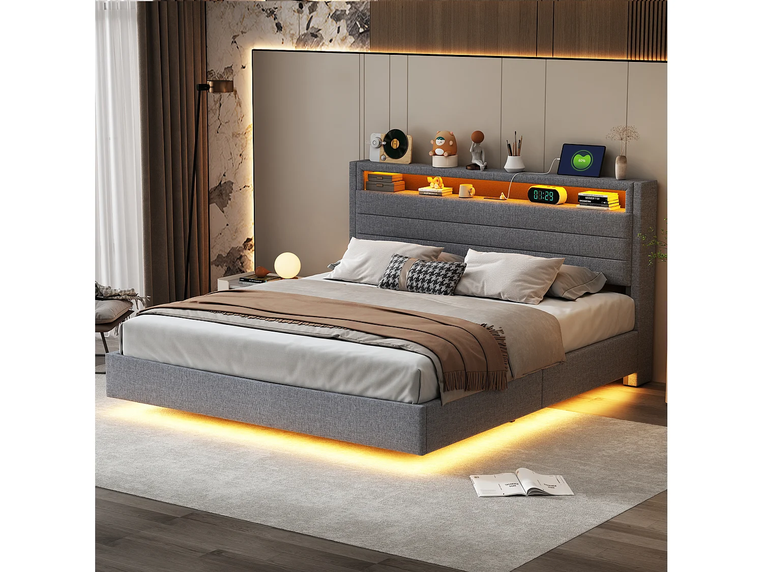 Lit coffre double 160x200 cm en lin gris - avec USB, LED et tête de lit réversible(sans matelas)