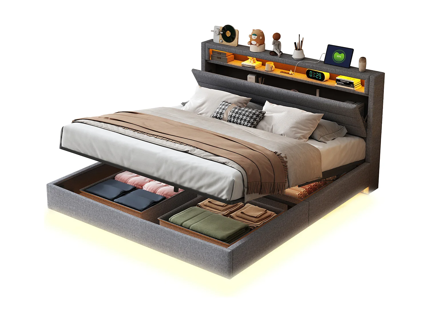 Lit coffre double 160x200 cm en lin gris - avec USB, LED et tête de lit réversible(sans matelas)