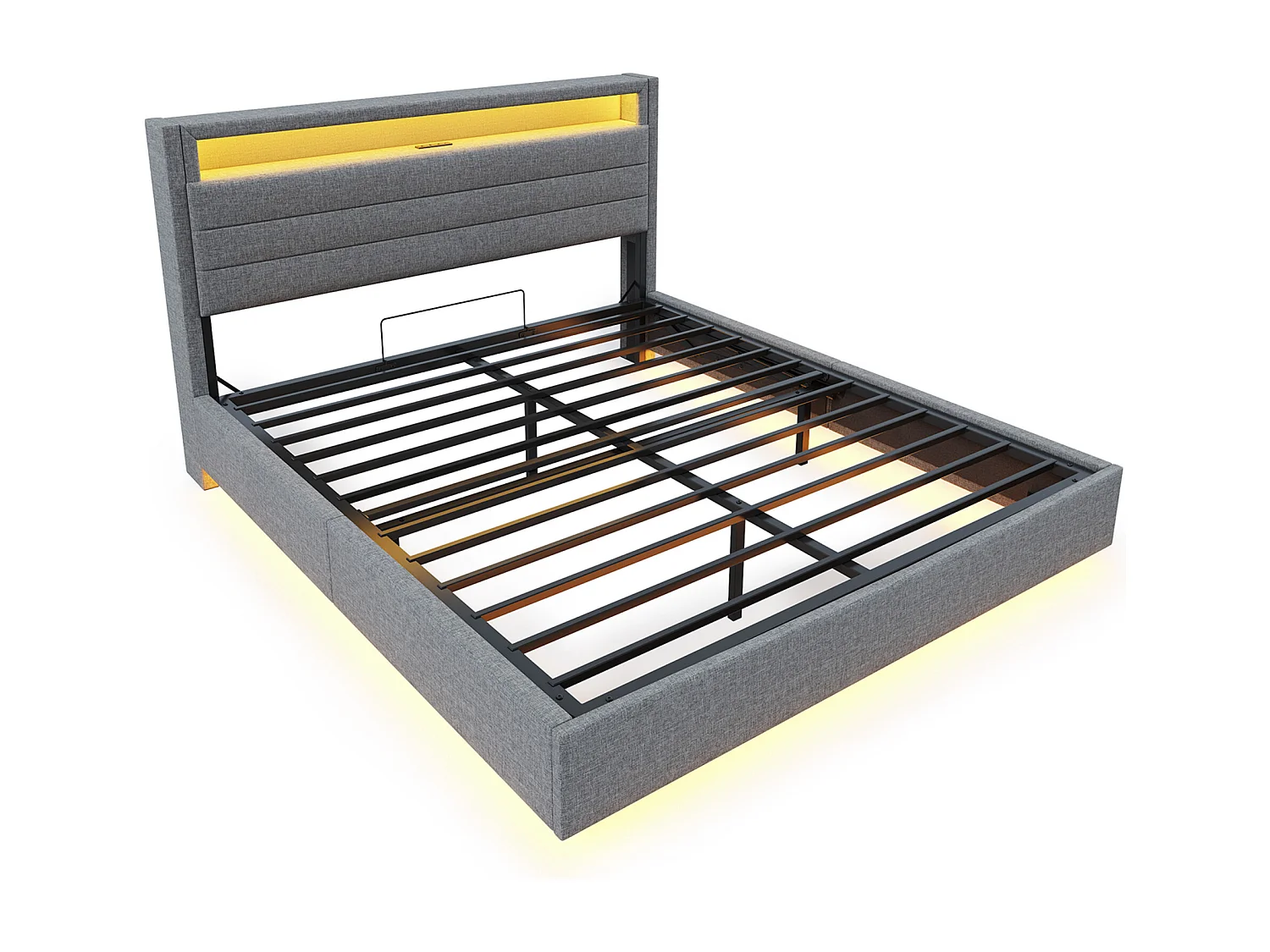 Lit coffre double 160x200 cm en lin gris - avec USB, LED et tête de lit réversible(sans matelas)