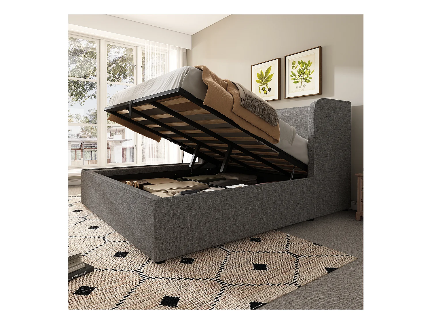 Lit coffre adulte 180x200 cm, tête de lit à oreilles, Tissu en lin gris,sans matelas