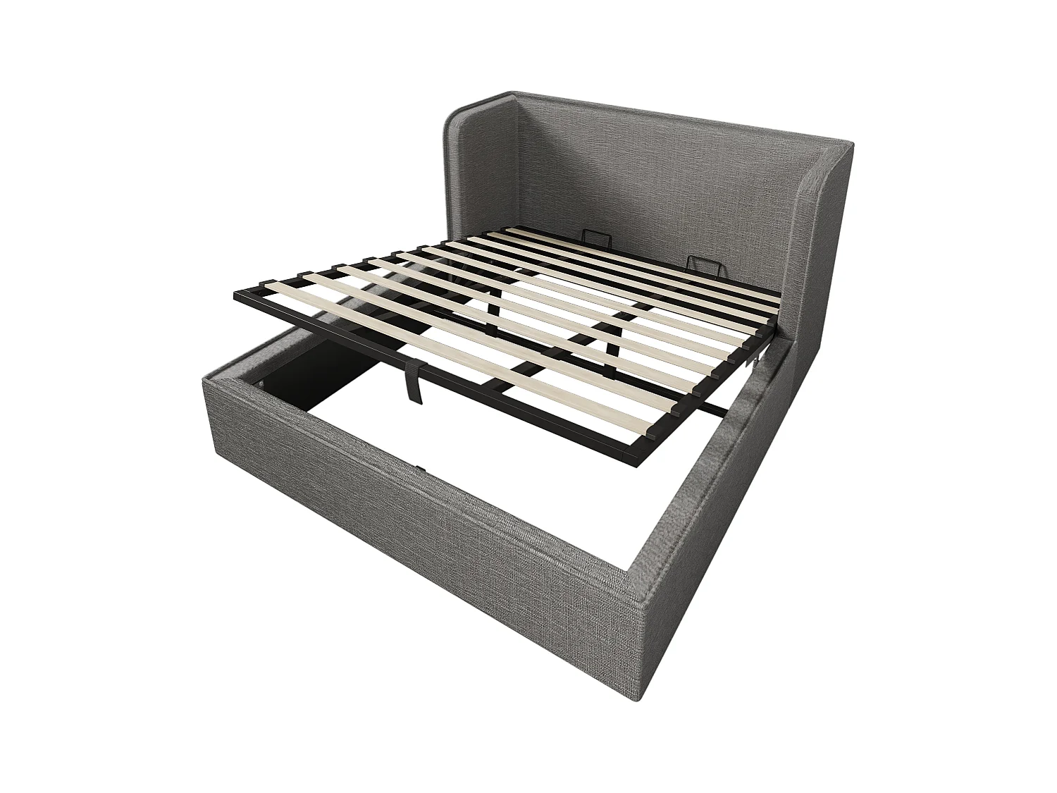 Lit coffre adulte 180x200 cm, tête de lit à oreilles, Tissu en lin gris,sans matelas