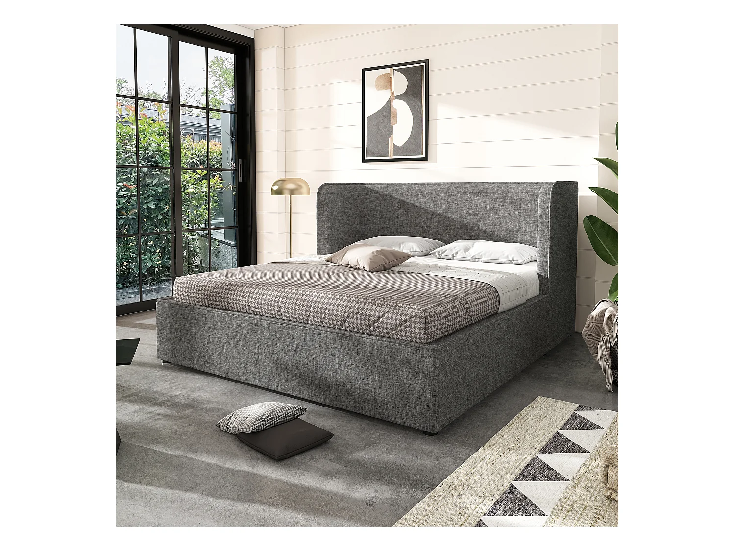 Lit coffre adulte 180x200 cm, tête de lit à oreilles, Tissu en lin gris,sans matelas