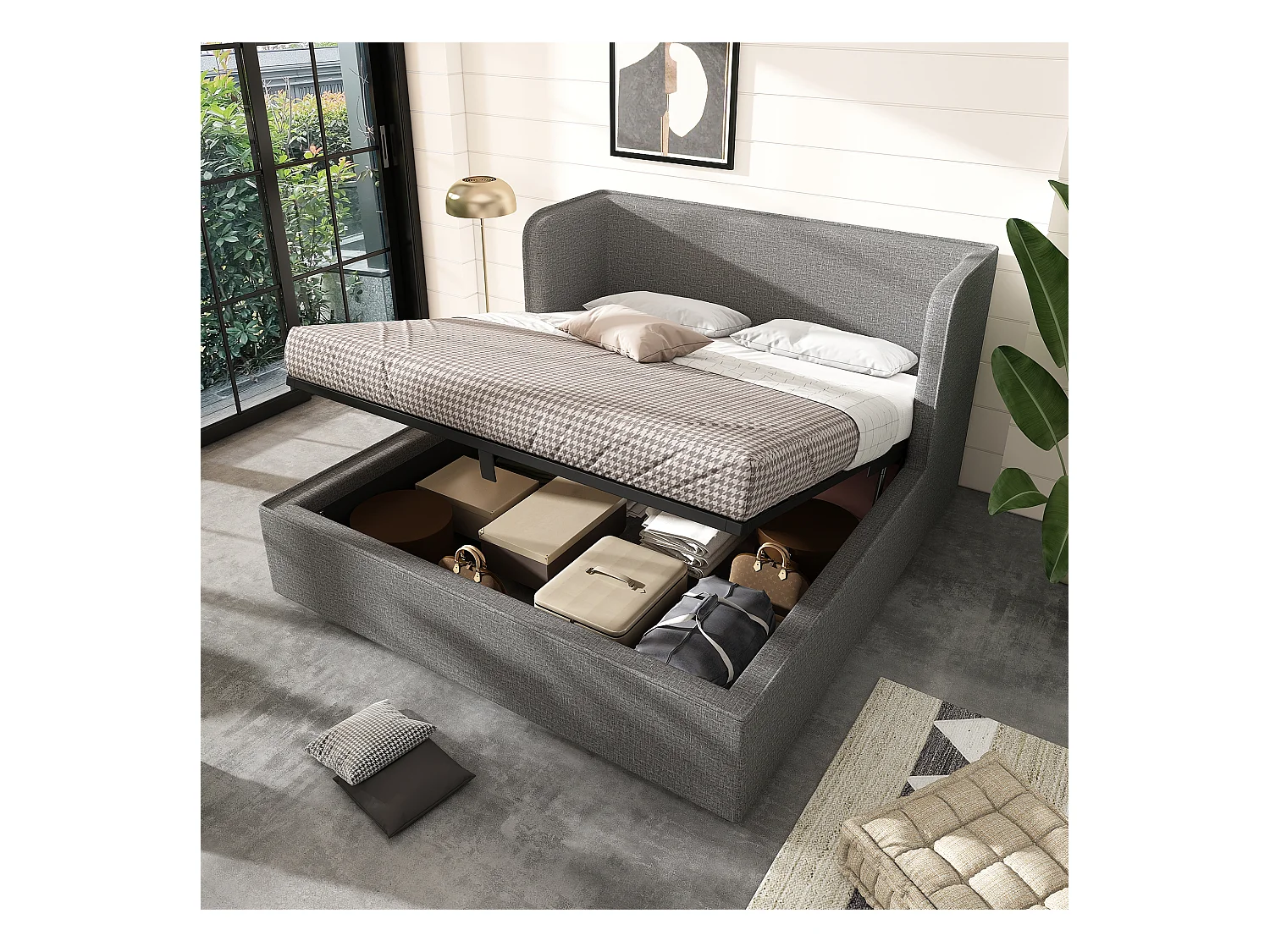 Lit coffre adulte 180x200 cm, tête de lit à oreilles, Tissu en lin gris,sans matelas