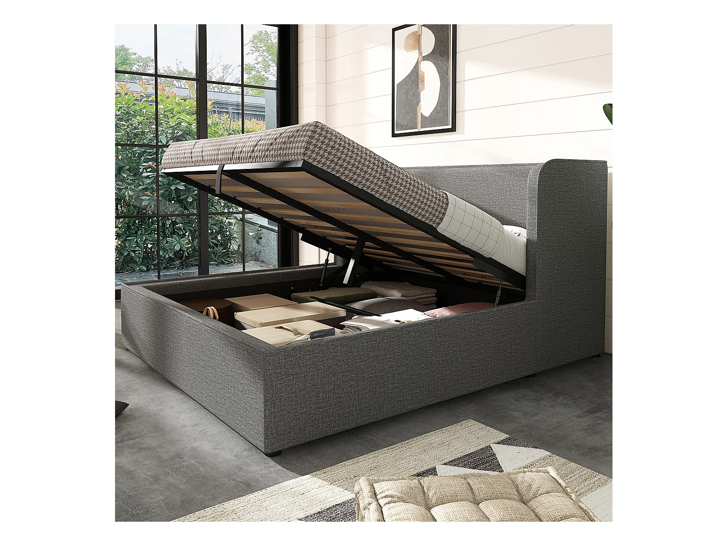 Lit coffre adulte 180x200 cm, tête de lit à oreilles, Tissu en lin gris,sans matelas