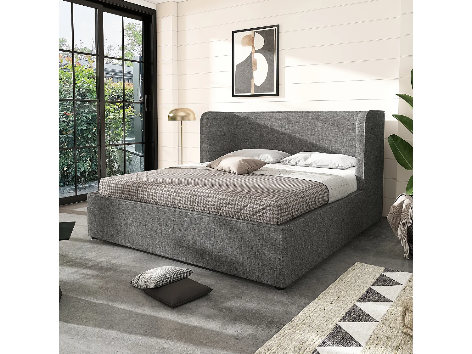 Cama baú dupla 180x200 cm - cabeceira com orelhas - tecido de linho cinza (sem colchão)