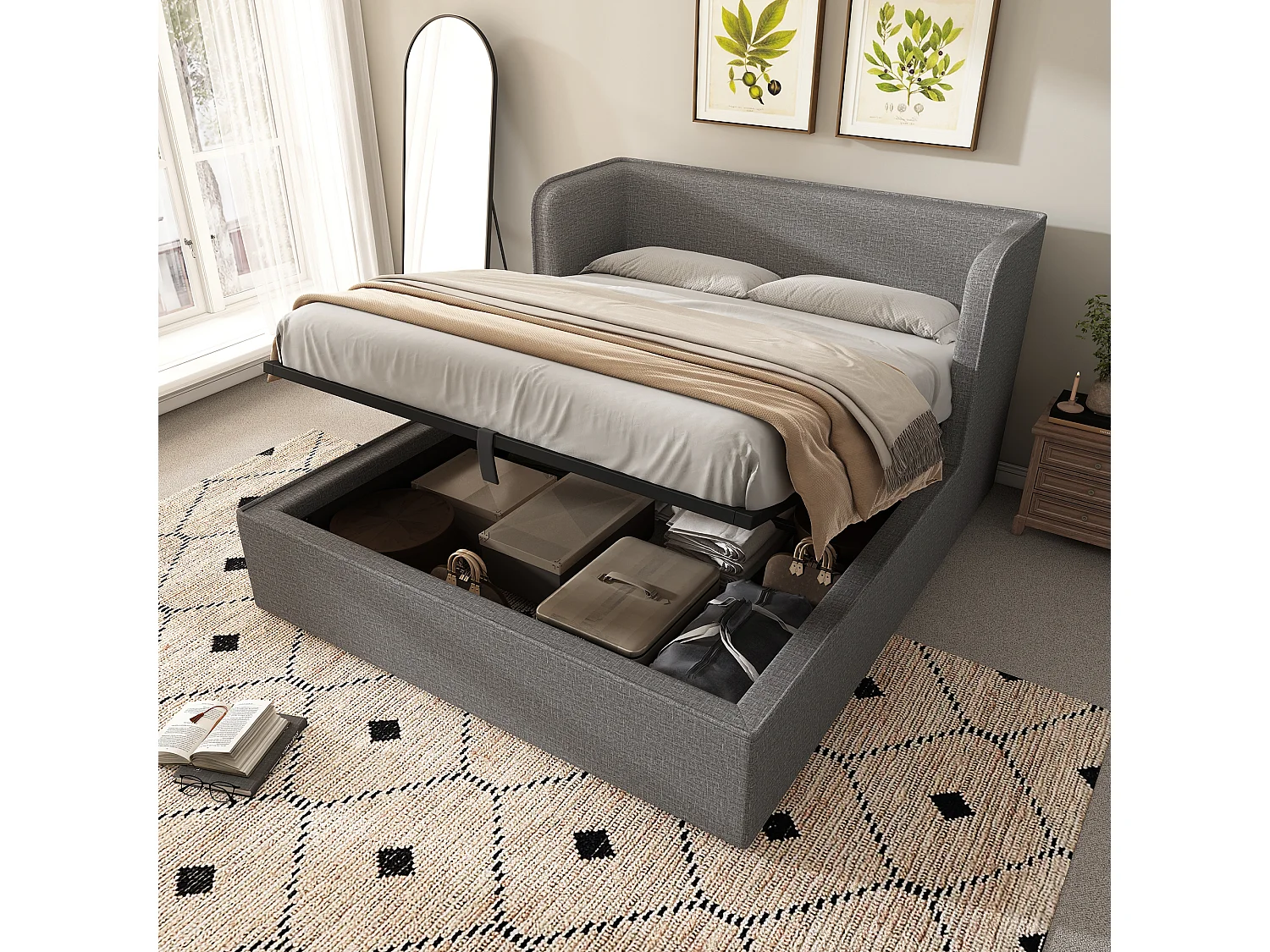 Cama baú dupla 180x200 cm - cabeceira com orelhas - tecido de linho cinza (sem colchão)