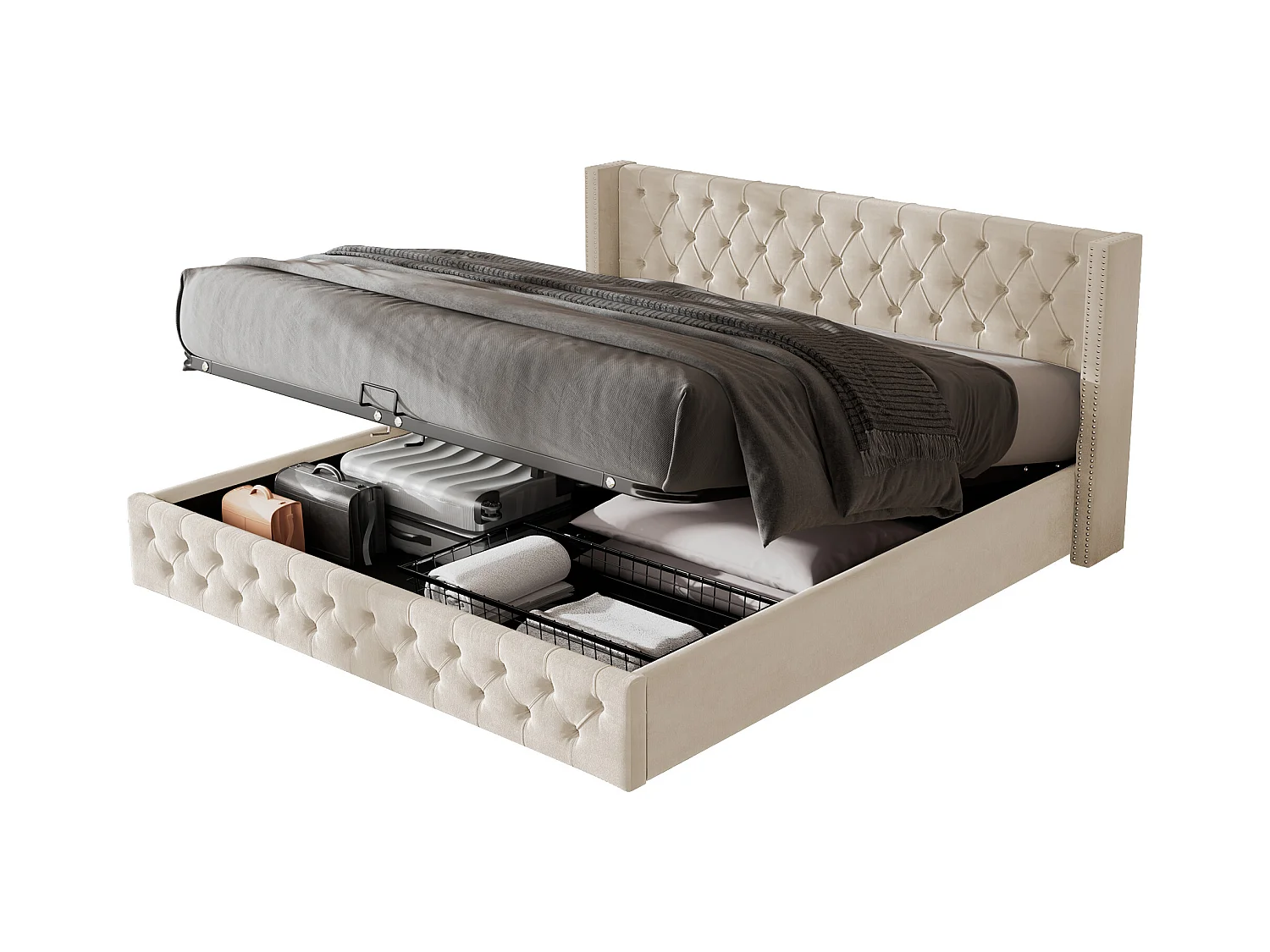 Lit coffre adulte 140x190 cm avec fonction hydraulique,tissu en flanelle beige, sans matelas