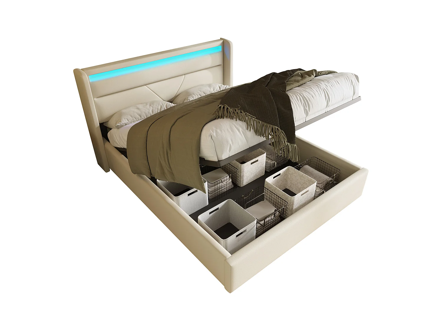 Opbergbed dubbel 140x200 cm met LED-strip, in wit PU (zonder matras)