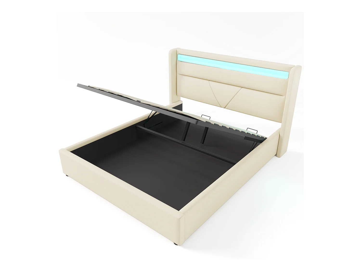 Lit coffre adulte 140x200 cm avec barre LED,en PU blanc (sans matelas)