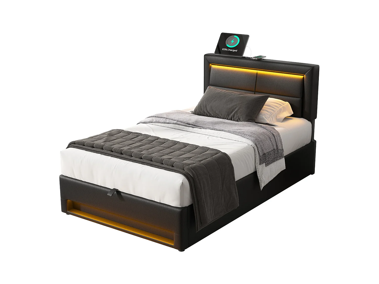 Lit coffre enfant 90 x 200 cm, avec port USB, éclairage LED,en PU noir, sans matelas