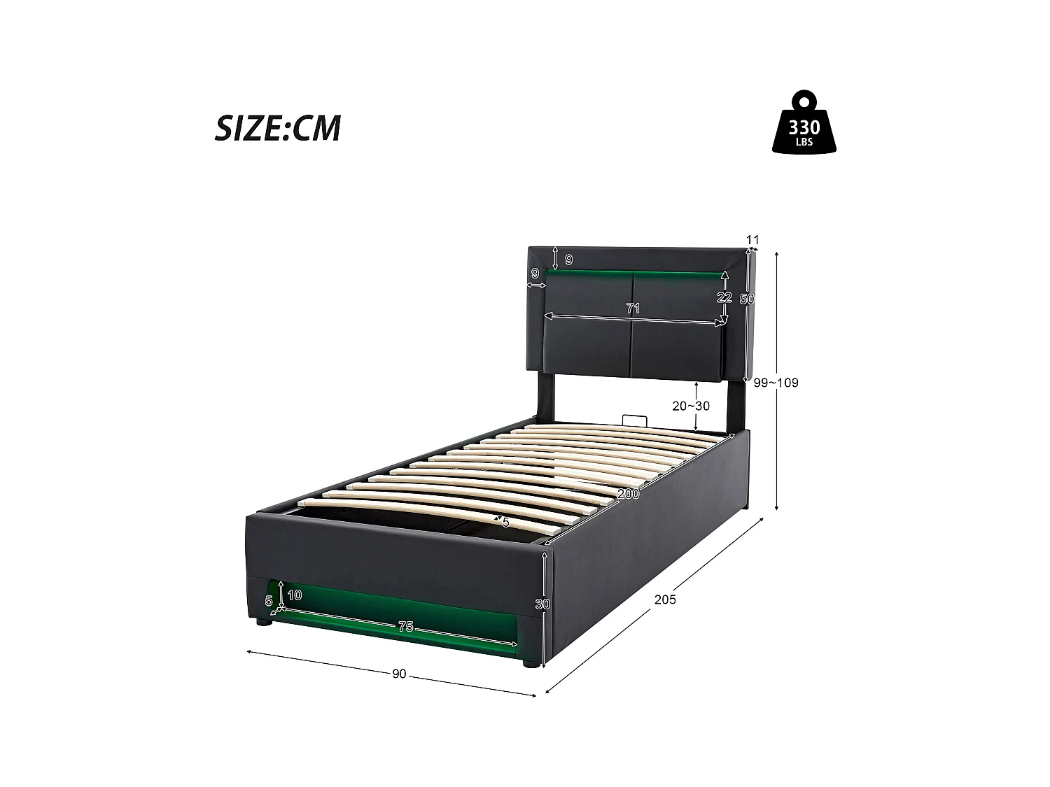 Lit coffre enfant 90 x 200 cm, avec port USB, éclairage LED,en PU noir, sans matelas