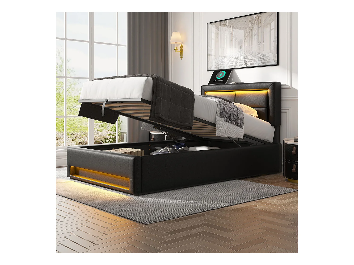 Lit coffre enfant 90 x 200 cm, avec port USB, éclairage LED,en PU noir, sans matelas