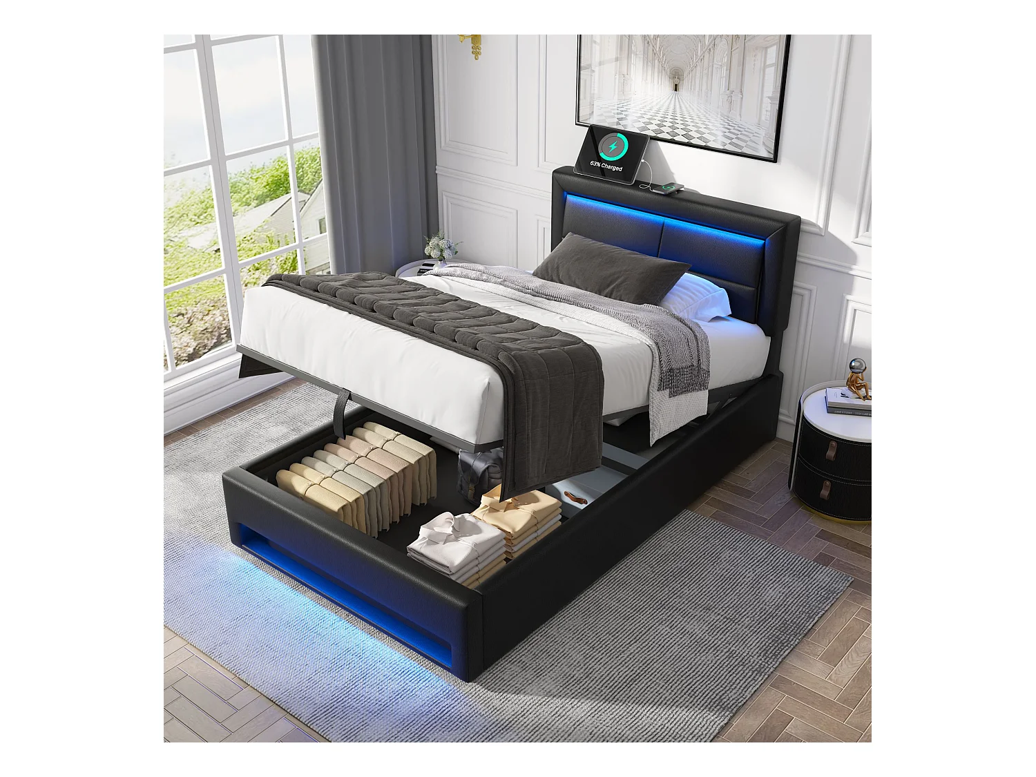 Lit coffre enfant 90 x 200 cm, avec port USB, éclairage LED,en PU noir, sans matelas