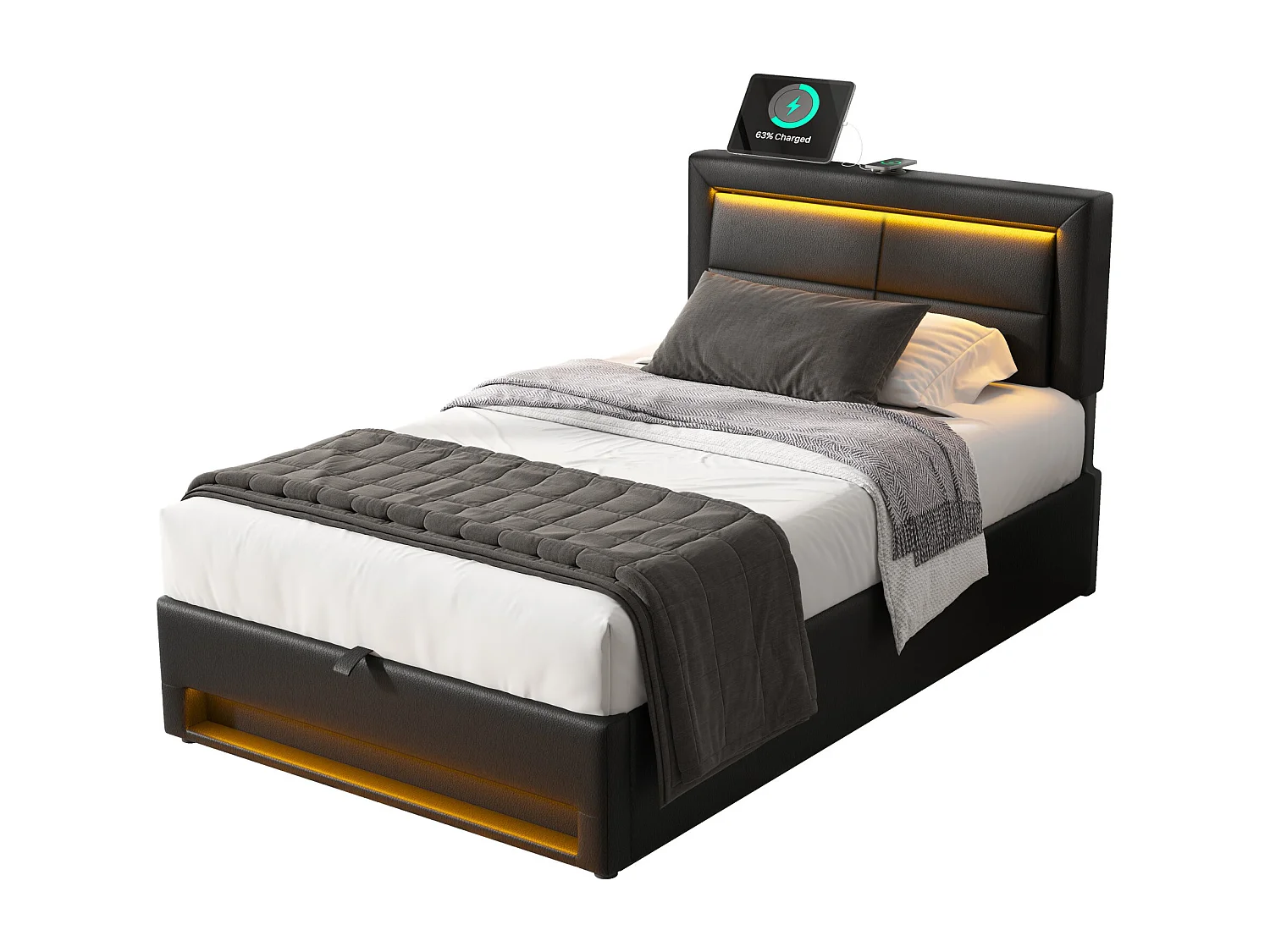 Lit coffre enfant 90 x 200 cm, avec port USB, éclairage LED,en PU noir, sans matelas